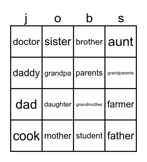Family and Jobs Bingo Card