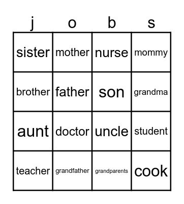 Family and Jobs Bingo Card