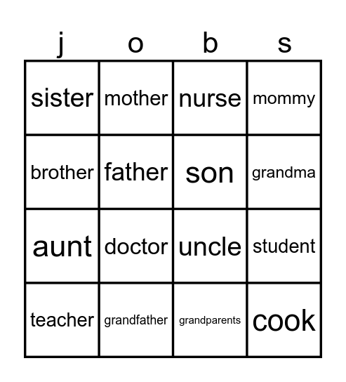 Family and Jobs Bingo Card