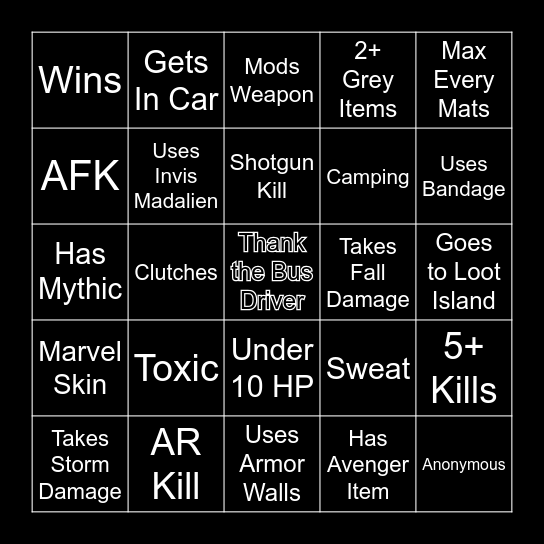 Fortnite Bingo Card