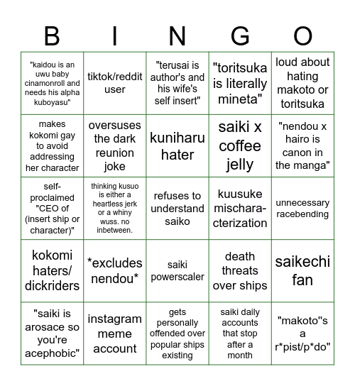 Annoying Saiki fan bingo Card