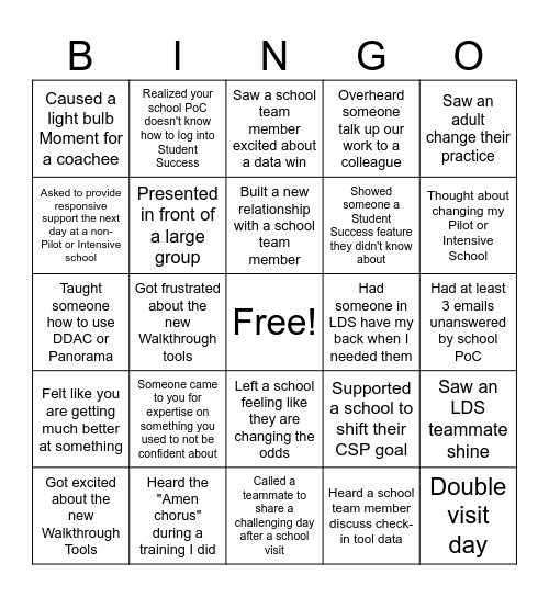 LDS First 8 weeks Bingo Card