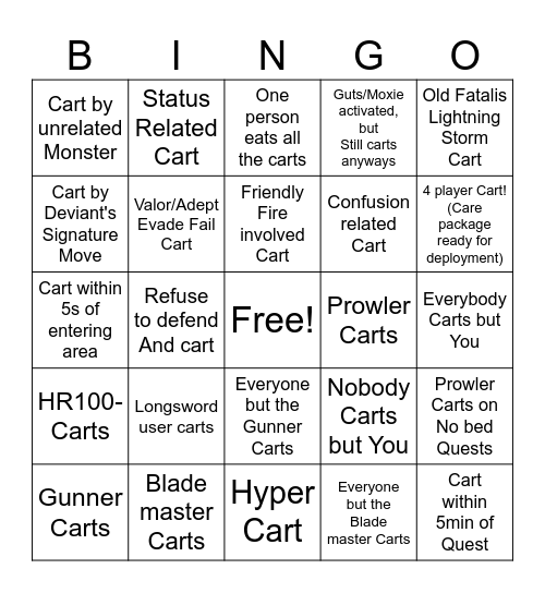 Monster Hunter Cart Bingo Card