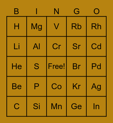 E  L  E  M  E  N  T Bingo Card