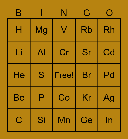 E  L  E  M  E  N  T Bingo Card