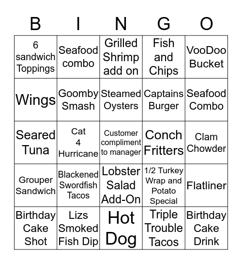 Sand and Coral Bar Servers and Bartenders  Bingo Card