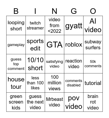 YouTube Shorts Bingo Card