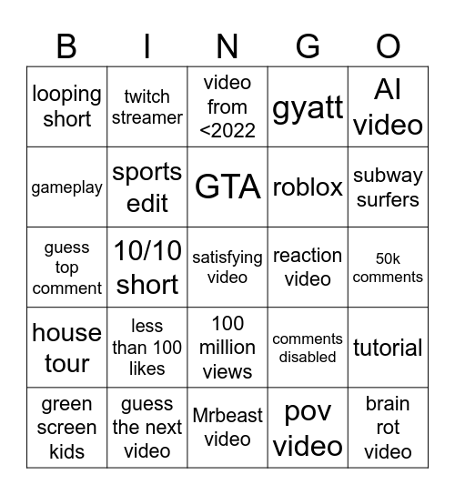 YouTube Shorts Bingo Card