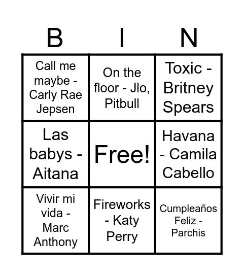 Bingo Song Bingo Card