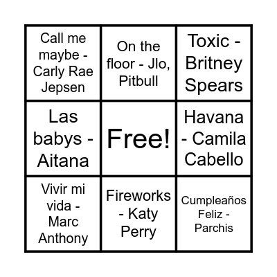 Bingo Song Bingo Card