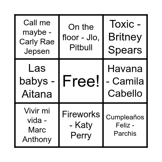Bingo Song Bingo Card