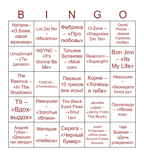 Музыкальное бинго! Bingo Card