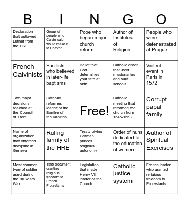 Unit 2: Protestant Reformation Bingo Card