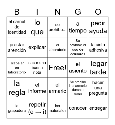 Tener que + escuela Bingo Card