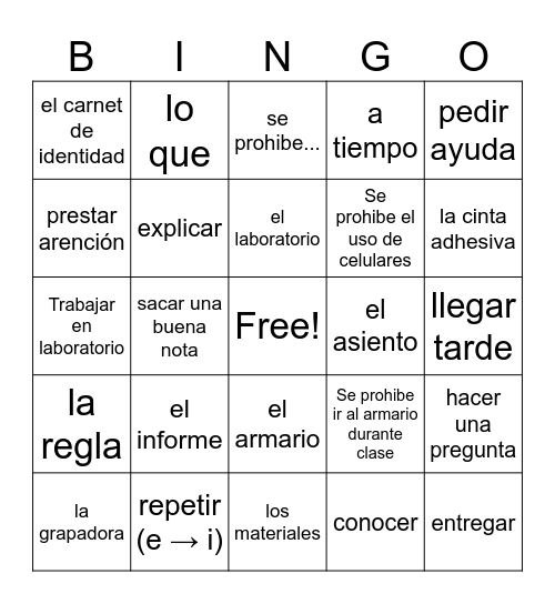 Tener que + escuela Bingo Card