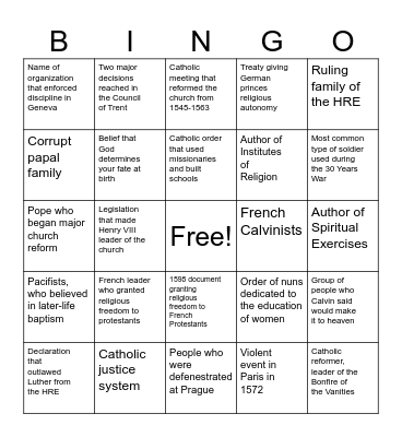 Unit 2: Protestant Reformation Bingo Card