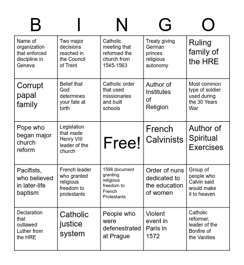 Unit 2: Protestant Reformation Bingo Card