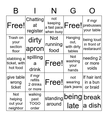 Restaraunt Bingo Card