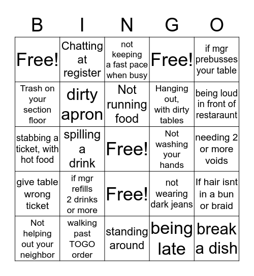 Restaraunt Bingo Card