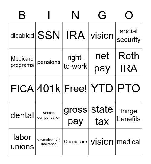 Workers' Benefits Bingo Card