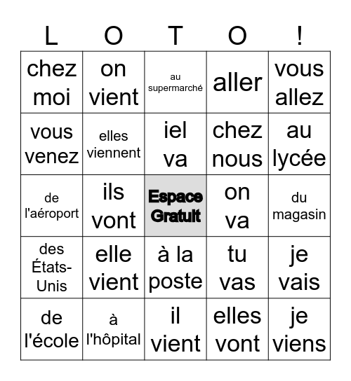 Aller à, Venir de Bingo Card