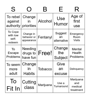 Drug Prevention Bingo Card