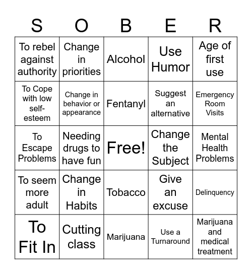 Drug Prevention Bingo Card