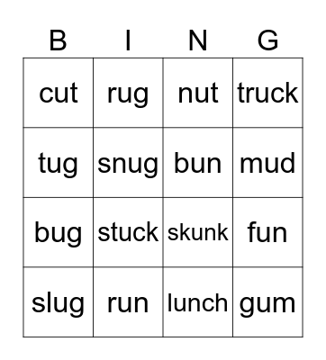 Short u Bingo Card