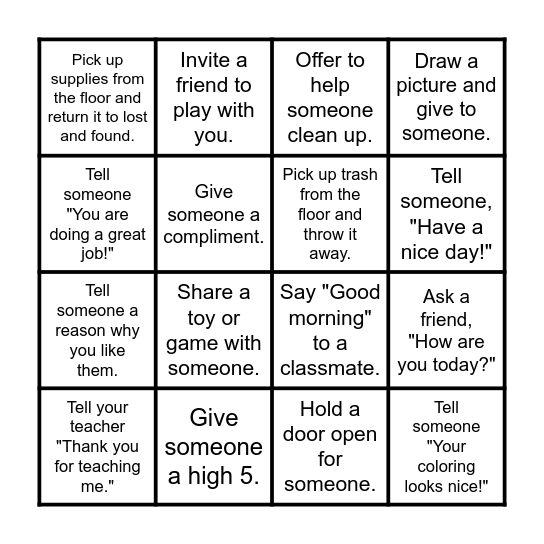 Kindness Bingo Card