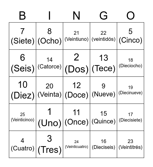 SPANISH Bingo Card