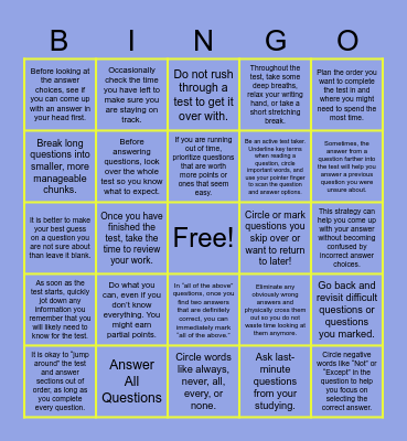 Test Taking Strategies Bingo Card