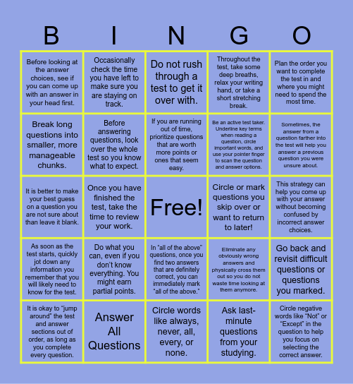 Test Taking Strategies Bingo Card