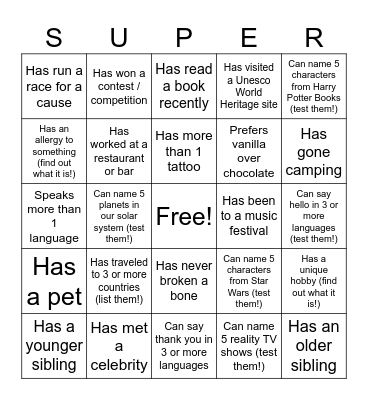 Icebreaker Bingo Card