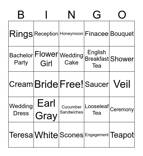 Teresa's Tea Party Bridal Shower Bingo Card