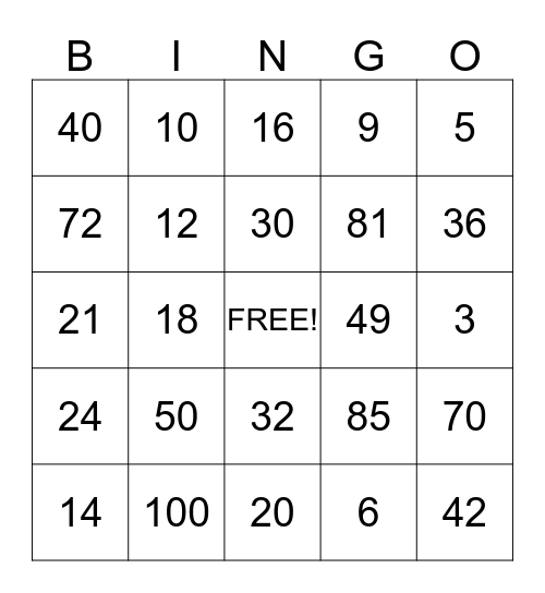 MULTIPLICATION BINGO Card
