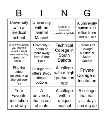 College Fair Bingo Card