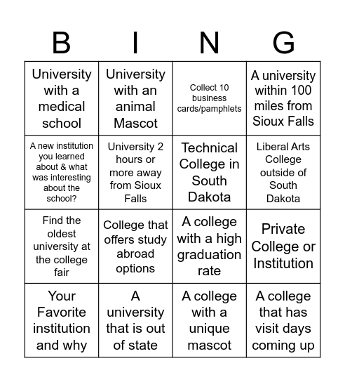 College Fair Bingo Card