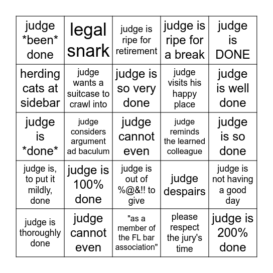 Judge Kraynick's sanity v FL v Sarah Boone Bingo Card