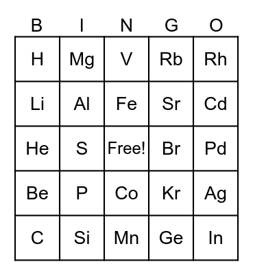 E  L  E  M  E  N  T Bingo Card