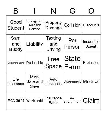 Auto Insurance 101 Bingo Card