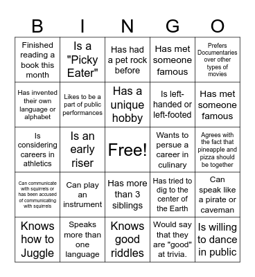 Classroom Bingo Card