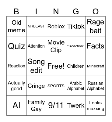 YouToob short Bingo Card