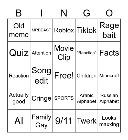 YouToob short Bingo Card