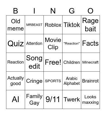 YouToob short Bingo Card