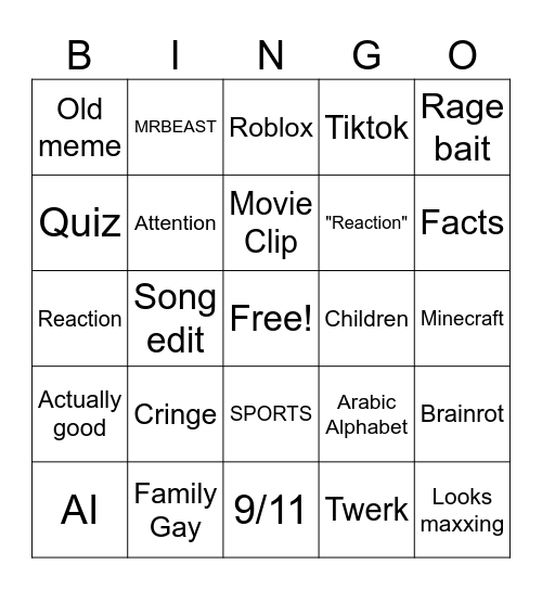 YouToob short Bingo Card