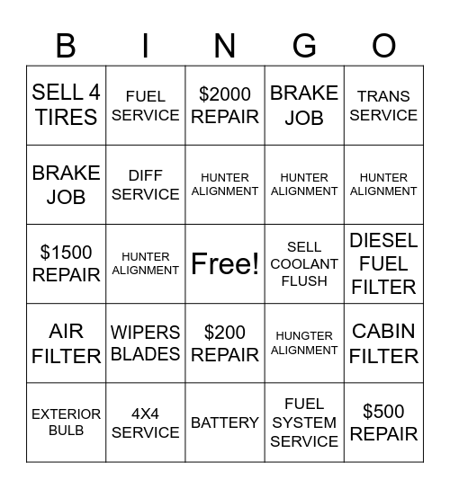 SERVICE DRIVE BINGO Card