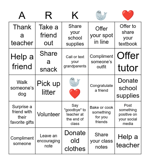 Kindness Bingo Card