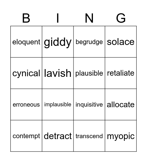 Grade 9 Vocab Bingo Card