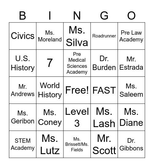 LAKE SHORE MIDDLE Bingo Card