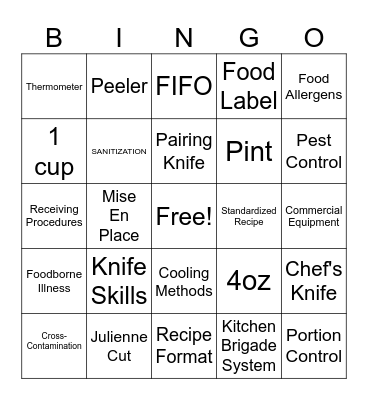 Culinary 1 Review Bingo Card